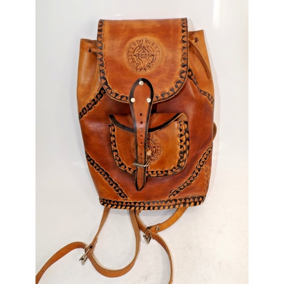 The Unbranded Brand Handbags - Leather Tooled & Stiched Backpack Purse Aztec design 13 x 9 x 5"
